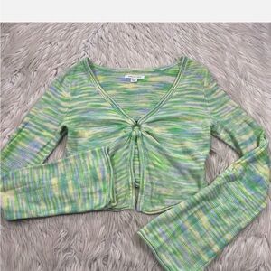 American Eagle Outfitters Green and White Tie Front Crop Blouse